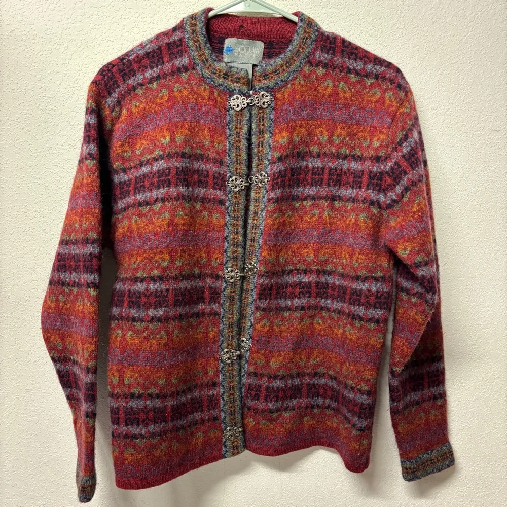 Women's Squaw Valley Red Multicolor Fair Isle Wool Cardigan S - Picture 1 of 9